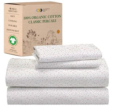 California Design Den King Floral Sheet Set, 100% Organic Cotton Percale Sheets, Deep Pocket King Sheets & Pillowcase Set - Floral - Image 1
