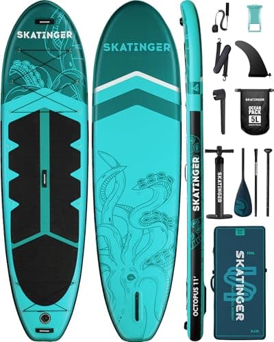 Skatinger 11'x34'' Extra Wide Inflatable Paddle Board, Up to 420lbs Stand-up Paddle Boards for Adults, Stable SUP for 2 People/Family, 3-PCS Paddle, Shoulder Strap, US Fin - Image 1