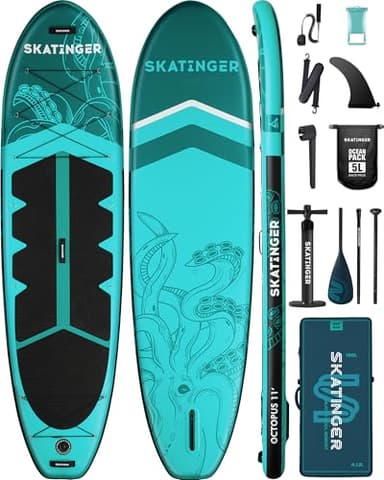 Skatinger 11'x34'' Extra Wide Inflatable Paddle Board, Up to 420lbs Stand-up Paddle Boards for Adults, Stable SUP for 2 People/Family, 3-PCS Paddle, Shoulder Strap, US Fin - Image 1