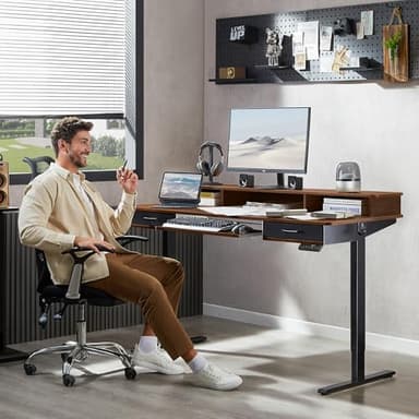 WALKINGDESK 63 Inches Electric Standing Desk with Keyboard Tray, Height Adjustable Sit to Stand Table with 2 Drawers, Ergonomic Home Office Desk with Storage Shelf, Computer Table, Black Walnut - Image 2