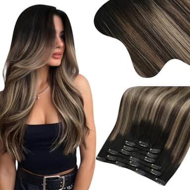 Moresoo Clip in Hair Extensions Remy Double Weft Human Hair Clip in Extensions Straight Balayage Hair Extensions for Women Ombre Black Mixed with Silver Grey 7pcs 150g 22inch - Image 1