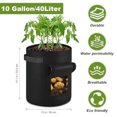 5 Pack Potato Growing Bags, 10 Gallon Non-Woven Gardening Bags with Reinforced Handles, Heavy Fabric Planters with Harvest Window, Great for Growing Tomatoes, Vegetables, and Fruits in the Garden - Image 4