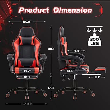 Shahoo Gaming Chair with Footrest and Massage Lumbar Support, Ergonomic Computer Chairs 360°Swivel and Height Adjustable Seat with Headrest for Office or Bedroom, Study Room, Red - Image 3