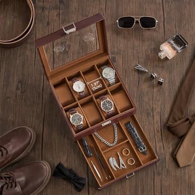 ProCase Watch Case, 8 Slot Mens Watch Box Holder Organizer with Glass Lid, 2-Layer Watches Display Case, Mens Jewelry Box with Drawer, Birthday Christmas Gifts for Men Women -8 Slot, Espresso - Image 2