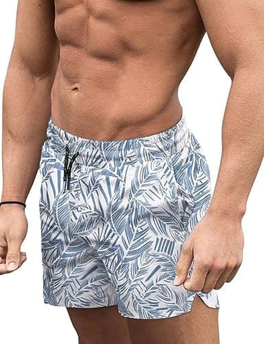 COOFANDY Mens Swim Trunks with Compression Liner 5" Swim Trunks Quick Dry Summer Surfing Beach Shorts Swimsuit Shorts Deep Blue Plam Leaf S - Image 1