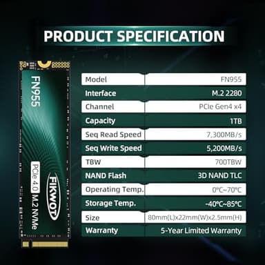 Fikwot FN955 1TB NVMe SSD M.2 2280 PCIe Gen4x4, Up to 7300MB/s, 3D NAND TLC Flash Internal Solid State Drive, Configure SLC Cache, Storage and Memory Expansion for PS5 Laptop Desktop - Image 6