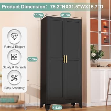 Metal Pantry Cabinet with 2 Doors and 5 Adjustable Shelves, 75" Kitchen Storage cabinets with Gold Handles, Versatile Storage for Laundry Room, Living Room, Bathroom, Dinning Room, Utility Room-Black - Image 3
