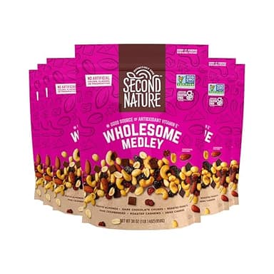 Second Nature Wholesome Medley Trail Mix - 30 oz Resealable Snack Pouches (Pack of 6), Certified Gluten-Free Snack – Dark Chocolate, Dried Fruit and Nut Trail Mix, Ideal for Travel Snacks - Image 1