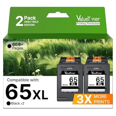Valuetoner Remanufactured Ink Cartridges Replacement for HP 65 Black Ink Cartridge 65XL 65 XL High Yield Work for Envy 5055 5052 5058 DeskJet 3755 2655 3720 3722 3723 3752 3758 2652 2624 (2 Black) - Image 1