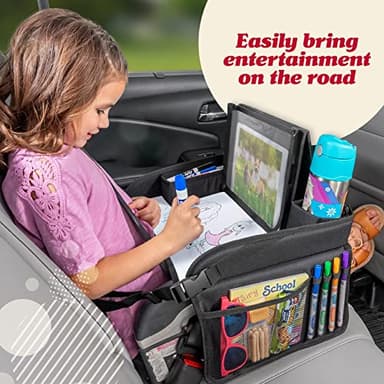 Lusso Gear Car Seat Tray - 1-Pack Black - 600D Oxford Lap Desk Organizer & Tablet Stand with Dry-Erase Surface, Snack & Cup Holder - Kids Travel Tray for Car Seat - Image 3