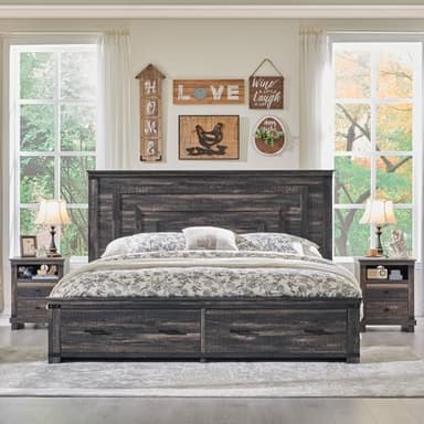 T4TREAM Farmhouse Queen Size Bed Frame with 54" Tall Geometric Headboard & 2 Large Storage Drawers, Rustic Wood Platform Bed with Wood Slats Support, No Box Spring Needed, Dark Rustic Oak - Image 4