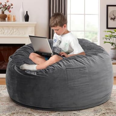 Kromax Large 3.5’ Bean Bag Chair for Kids, Teens, Adults, Memory Foam, Easy to Clean Washable Soft Suede Cover, Reinforced Zipper, Perfect for Living Room, Den, Bedroom, or Dorm, Dark Grey - Image 3