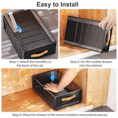 Pull out Cabinet Organizer Fixed with Adhesive Nano Film,Heavy Duty Slide out Pantry Shelves Drawer Storage,Sliding Mesh Cabinet Basket with Handle for Kitchen, Bathroom,Home, 9.8"WX 15.7"D X 6.2"H - Image 7