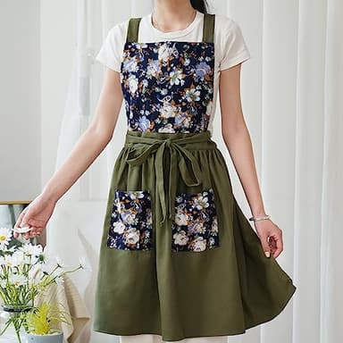 Pinknoke Vintage Pinafore Apron Dress for Women with Pockets Cute Floral Chef Aprons for Kitchen Cooking Baking Gardening (Olive Green) - Image 3