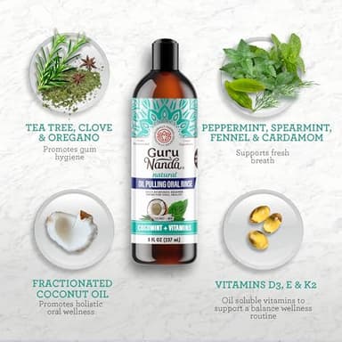 GuruNanda CocoMint Oil Pulling Mouthwash for Complete Oral Hygiene, 7 Essential Oils & Vitamins for Happy Teeth & Gums & Fresh Breath, Alcohol-Free, 3X8 oz - Image 3