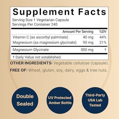 Magnesium Glycinate Capsules 500mg | 240 Count | Supplement for Sleep, Heart & Muscle Support | 100% Chelated & Purified, 3rd Party Tested, Non-GMO & Gluten Free - Image 2