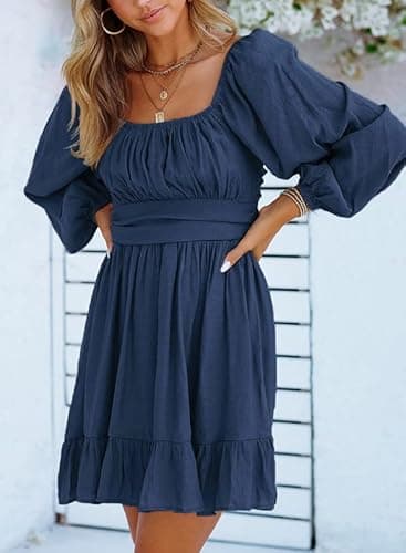 Dokotoo Women's Square Neck Off The Shoulder Dresses Tie Back Long Lantern Sleeve Ruffle A-Line Mini Dress Shirred Elastic Waist Casual Dresses Small Dark Blue - Image 5