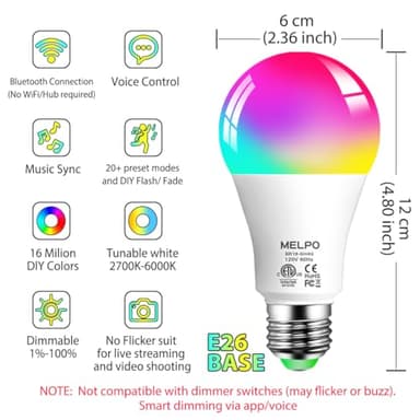 MELPO Smart Light Bulbs, 1300LM Color Changing Light Bulb, 16 Million Colors, Tunable White Alexa Light Bulbs, Music Sync, DIY Flash, Timing, A19 E26 Smart Bulbs, 130W Equivalent, No WiFi Required. - Image 2