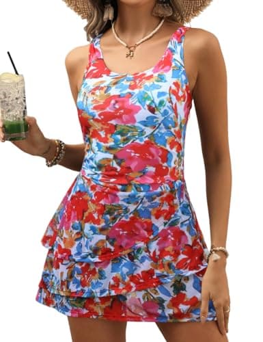VIMPUNEC Women One Piece Swim Dress Swimsuit Tummy Control Modest Swim Skirt Bathing Suit Red Floral L - Image 1