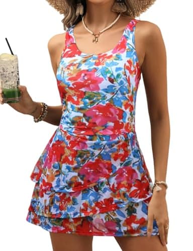 VIMPUNEC Women One Piece Swim Dress Swimsuit Tummy Control Modest Swim Skirt Bathing Suit Red Floral L - Image 1