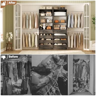 Aheaplus Closet System, 6-15Ft Closet Organizer with 8 Wooden Drawers, Wood Closet Organizer System with Tower, Walk-in Closet Organizer Wardrobe Garment Clothes Rack with 4 Hanging Rods, Black Oak - Image 5