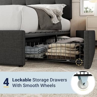 Allewie Upholstered Queen Size Platform Bed Frame with 4 Storage Drawers and Headboard, Square Stitched Button Tufted, Mattress Foundation with Wooden Slats Support, No Box Spring Needed, Dark Grey - Image 5