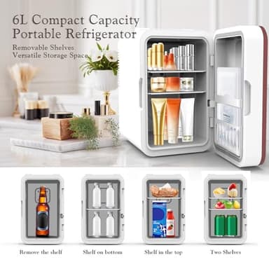 YLFU Skincare Fridge, 6L/10 Can Mini Fridge for Bedroom with Dimmable LED Mirror, Portable Cooler & Warmer Small Compact Refrigerator for Skincare, Cosmetics, Bedroom and Office, White - Image 3