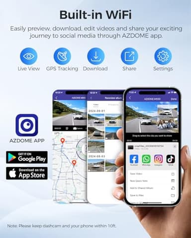 AZDOME M550 3 Channel Dash Cam, 4K+2.5K Dual Dash Camera for Cars Built-in WiFi GPS, 1440P+1080P+1440P Front and Rear Inside, 64GB Card Included, 3.19" IPS Screen, WDR, IR Night Vision, Parking Mode - Image 5
