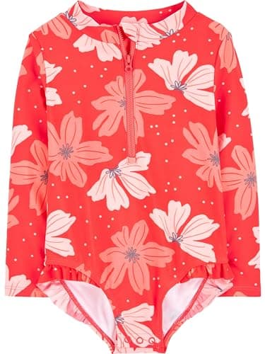 Simple Joys by Carter's Girls' Long Sleeve Zipper One Piece Swimsuit, Pink Floral, 3-6 Months - Image 1