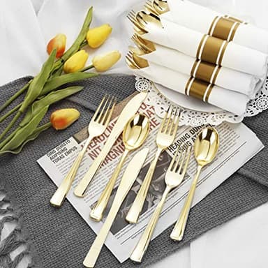 Supernal 60 Pack Pre Rolled Napkins with Gold Plastic Silverware, Premium Disposable Gold Wrapped Cutlery Set Includes: 60 Forks 60 Knives 60 Spoons 60 Napkin for Party - Image 4