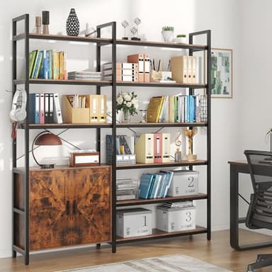 Nosepen 6 Tire Large L Shaped Bookshelf & Corner Bookcase with Storage Cabinet and 2 Barn Doors and 10 Storage Shelves, 71.3" Tall Farmhouse Etagere L Shaped Book-Shelf with Metal Frame(Brown) - Image 2