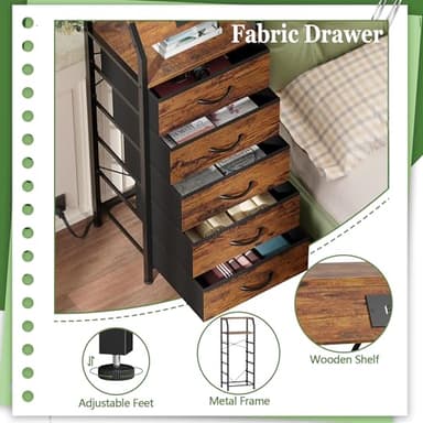 Furnulem 5 Drawers Dresser with Charging Station, Tall Night Stand with Storage Shelf, Fabric Chest of Drawers, Bedside Table for Closet, Entryway, Bedroom Furniture, 3 Ways to Use, Rustic Brown - Image 7