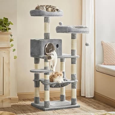 FEANDREA Cat Tree, Cat Tower for Indoor Cats, 56.3-Inch Cat Condo with Scratching Posts, Hammock, Plush Perch, Light Gray UPCT15W - Image 2