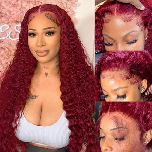 250% Density 99J Burgundy 13x6 Deep Wave HD Lace Front Wigs Human Hair for Women Glueless Burgundy Deep Curly Lace Frontal Wigs Brazilian Virgin Human Hair Wigs Pre Plucked with Baby Hair(#99j,30Inch) - Image 1