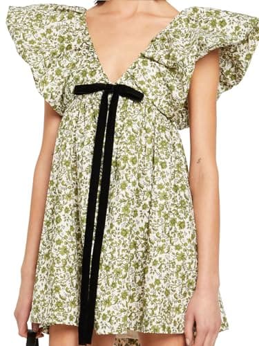 hibshaby Women's Floral Print Mini Dress V Neck Puff Sleeve Dresses Short Babydoll Bow Dress XS - Image 4