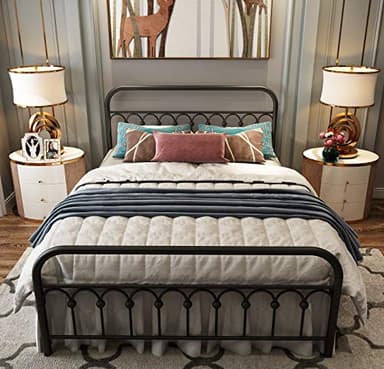 TUSEER Metal Bed Frame Queen Size with Vintage Headboard and Footboard Platform Base Wrought Iron Bed Frame (Queen,Black) - Image 3