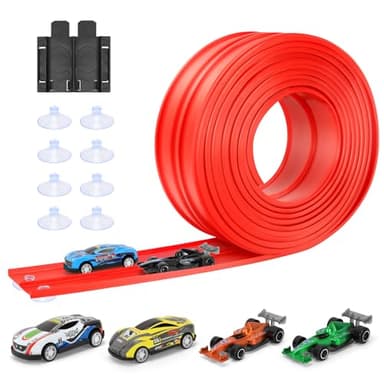 KETIEE Flex Tracks 16Ft for Kids: Flexible Race Car Ramp Track with 4 Small Racecars and 8 Suction Cups Compatible with Hot Wheels and Diecast 1/64th Cars, Rolls Up Portable Racetrack for Ages 3 & Up - Image 1