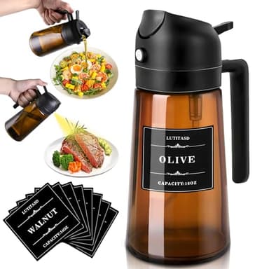 LUTITASD Olive Oil Sprayer for Cooking 2 in 1 - Oil Dispenser with Spray and Pour, 16oz/470ml Brown Oil Spray Bottle for Kitchen, Air Fryer, Salad, BBQ (Black) - Image 1