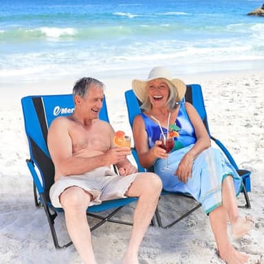 EMERIT Low Beach Chairs for Adults, Sling Beach Chair with Umberalla, Folding Backpack Camping Chair with Cup Holder - Image 2