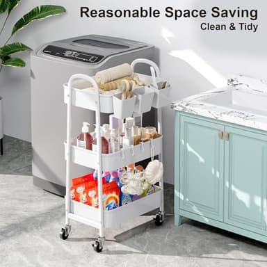 3 Tier Heavy Duty White Metal Rolling Cart with Lockable Wheels, Three Tier Roller Book Snack Cart, Utility Storage Organizer Carts for Kitchen, Bathroom, Garage, Baby Diaper, Craft, Art, Teacher - Image 6