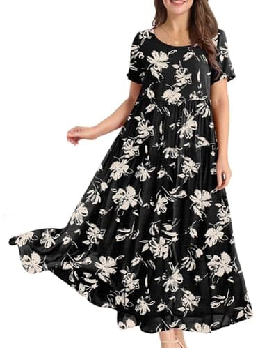 YESNO Women Casual Loose Bohemian Floral Dress with Pockets Short Sleeve Long Maxi Summer Beach Swing Dress L EJF CR346 - Image 1