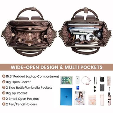 LOVEVOOK Leather Laptop Backpack for Women 15.6 inch,Travel Backpack Purse Nurse Teacher Backpack Computer Laptop Bag,Professional College Business Work Bags Carry On Backpack with USB Port,Coffee - Image 2