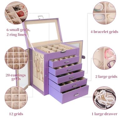 CIIGIO 6 Layer Large Jewelry Boxes With Mirror，Multifunctional 5 Drawers Jewelry Box Organizer with 2 Glass Door for Necklace Organizing (Purple) - Image 5
