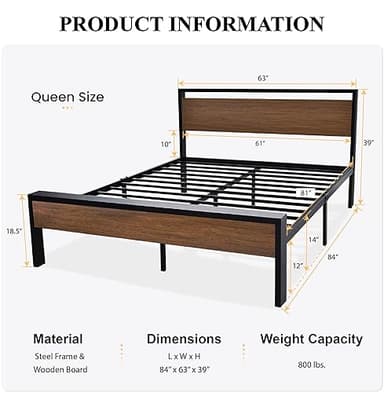 SHA CERLIN 14 Inch Queen Size Metal Platform Bed Frame with Wooden Headboard and Footboard, Mattress Foundation, No Box Spring Needed, Large Under Bed Storage, Non-Slip Without Noise, Walnut - Image 2