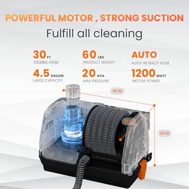 Giraffe Tools Grandstorm Wall-Mounted Vacuum Cleaner with 30 FT Retractable Hose, Wet Dry Vacuum Cleaner with 6 Nozzles for Car Detailing Remote Control, Grey - Image 4