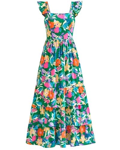 dowerme Summer Dresses for Women 2025 Casual Ruffle Smocked Tiered A-Line Boho Floral Maxi Beach Sun Dress with Pockets(Green Orange Flower,Large) - Image 1