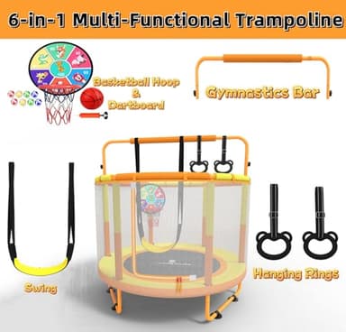 LANGXUN 60" Trampoline for Kids, 5ft Toddler Mini 6-in-1 Trampoline Indoor Outdoor with Swing, Basketball Hoop, Dart Board, Gymnastics Bar, Rings, Christmas Toys Birthday Gifts for Girls Boys Age 1-8 - Image 2