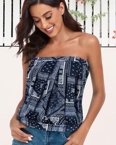 CHICGAL Women's Tube Tops Summer Bandeau Tank Off The Shoulder Casual Strapless Blouse Tunic Shirts (Navy Diamond,2XL) - Image 6