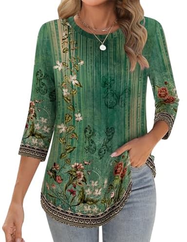 Zeagoo 3/4 Length Sleeve Oversized Tops for Women Round Neck Loose Fit Blouses Pleated Floral Print Shirts Night Out Cute Tunics - Image 1