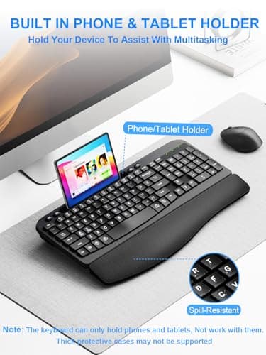 Wireless Keyboard and Mouse Combo, Wave Keys Computer Ergonomic Keyboard with Cushioned Plam Rest, Phone Holder, 2.4GHz Silent 6 Button Wireless Mouse Set for Laptop, PC, Windows, Mac (Black) - Image 8